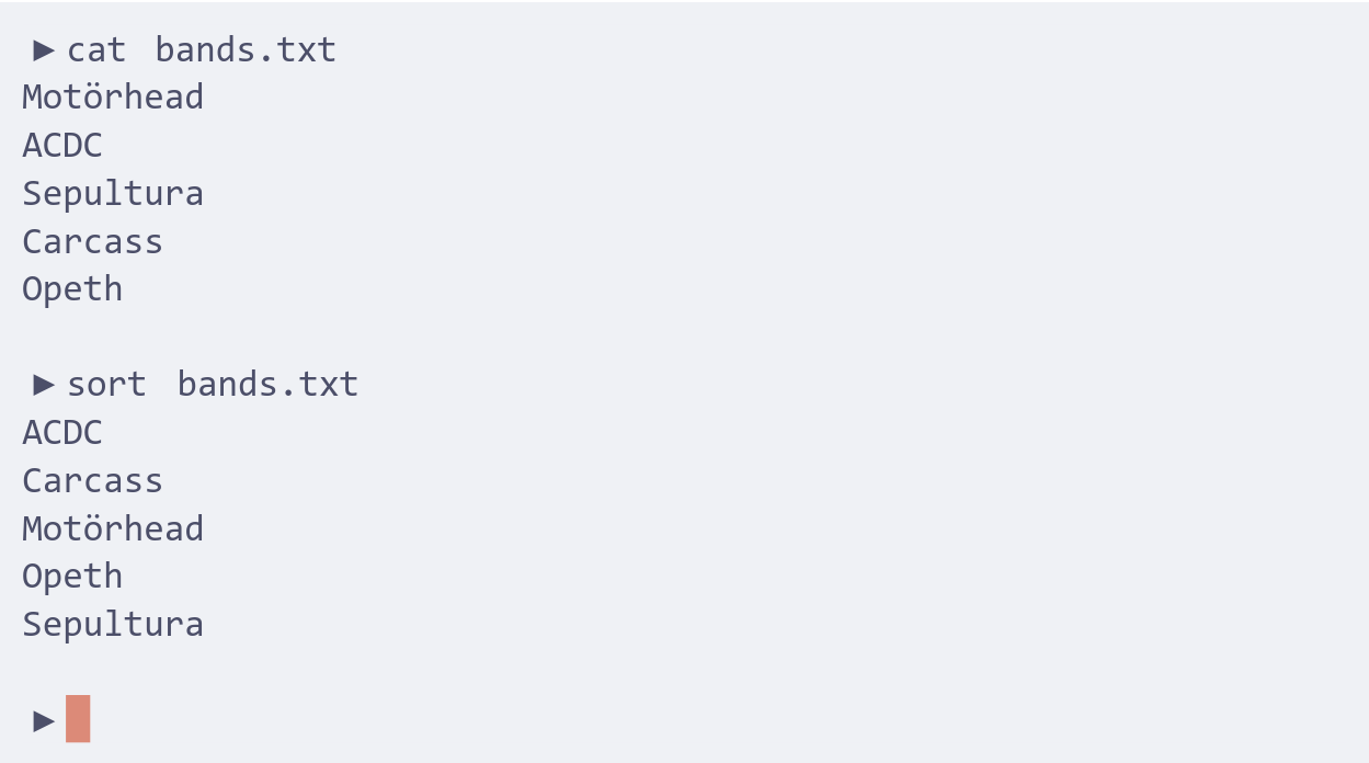 A terminal showing a file being sorted alphabetically