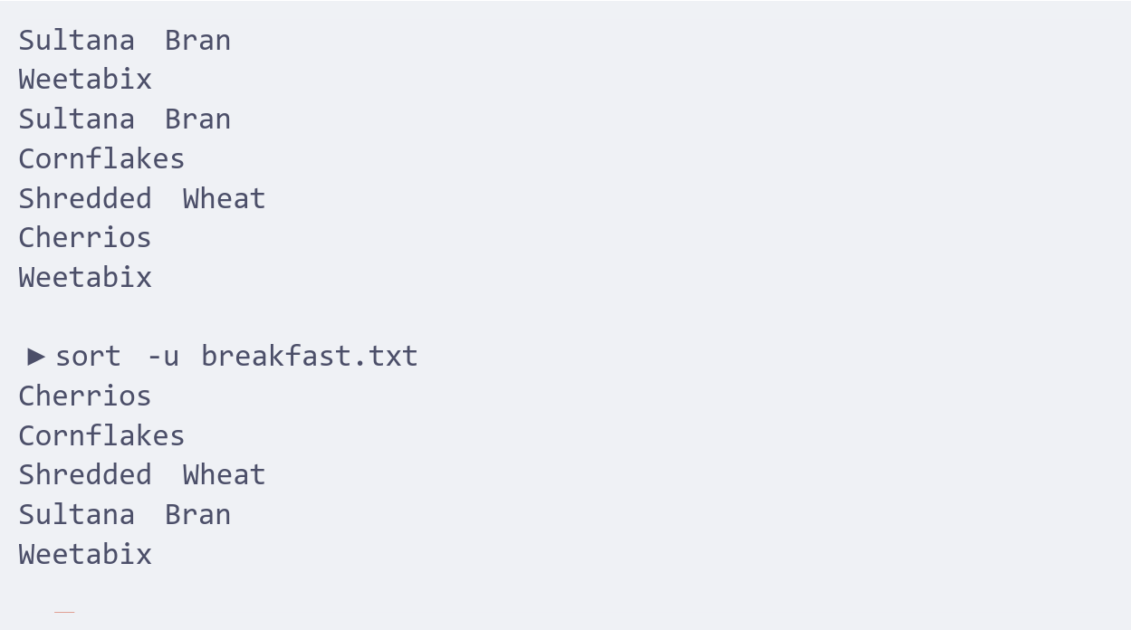 A terminal showing a file being sorted with duplicates removed