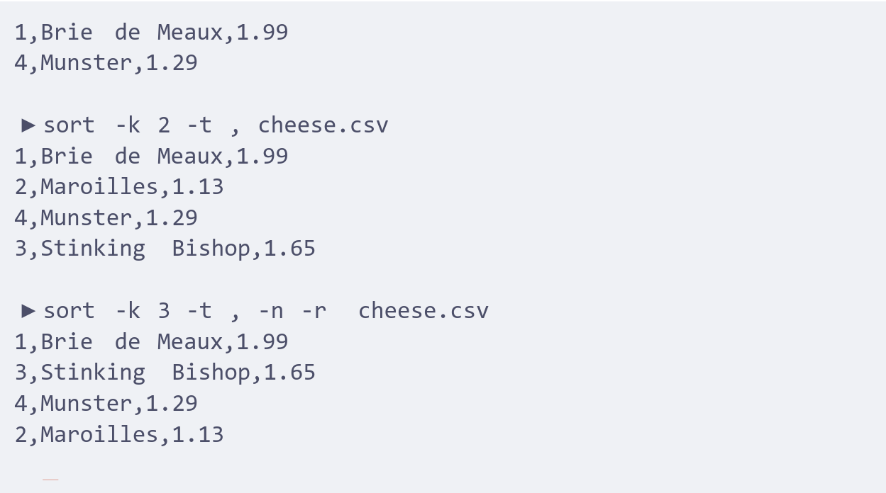 A terminal showing a csv file being sorted on different fields