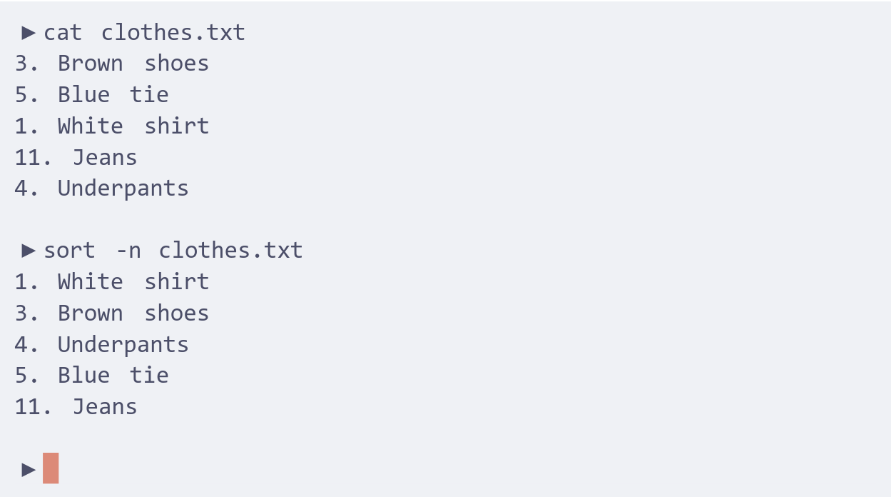 A terminal showing a file being sorted numerically